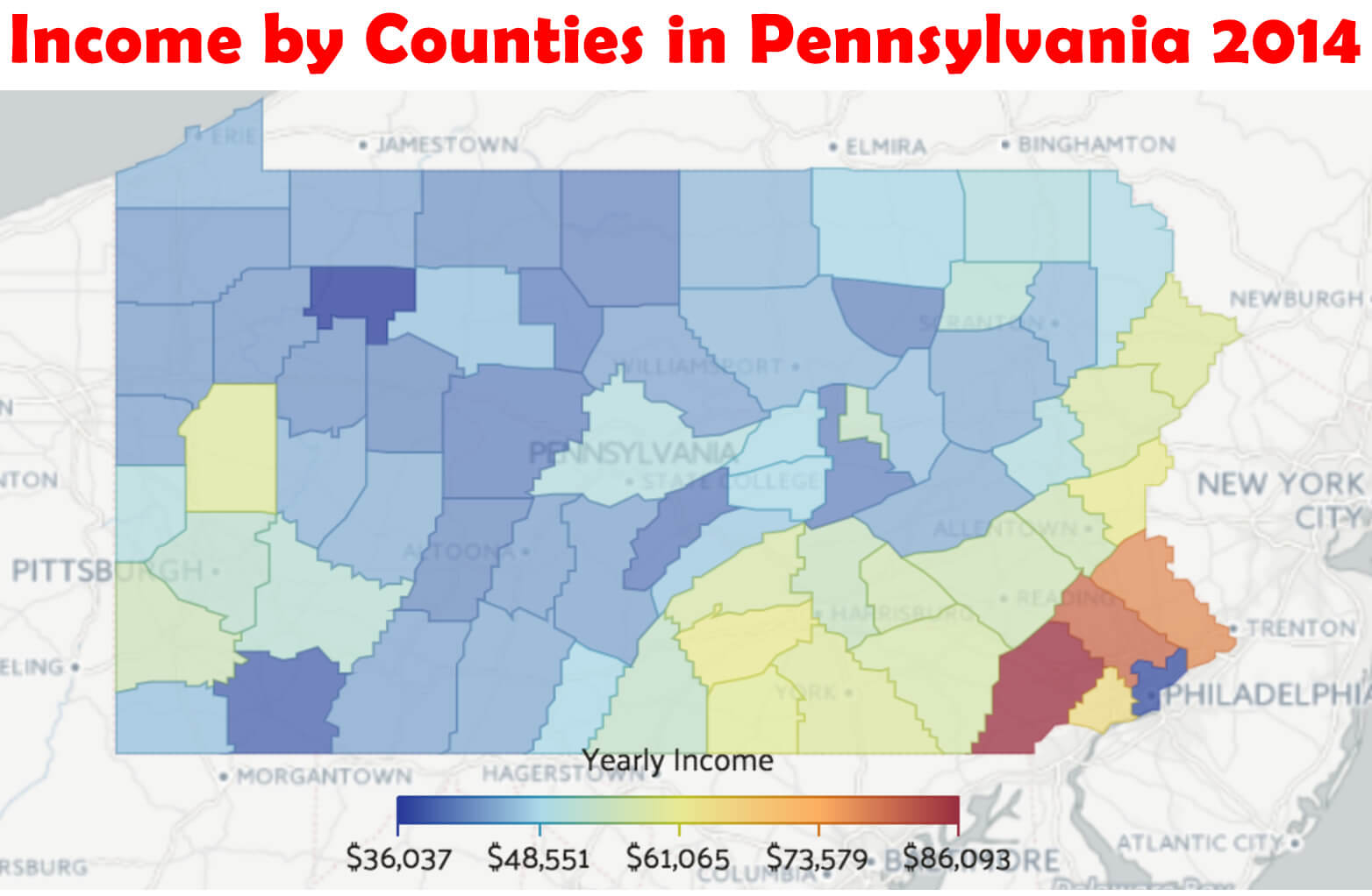 le revenu by comtes dans Pennsylvania 2014